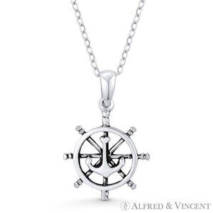 Ship's Helm & Anchor Sailor's Luck Charm Pendant in Oxidized 925 Sterling Silver